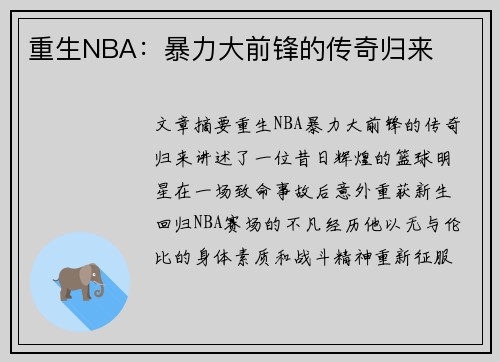 重生NBA：暴力大前锋的传奇归来